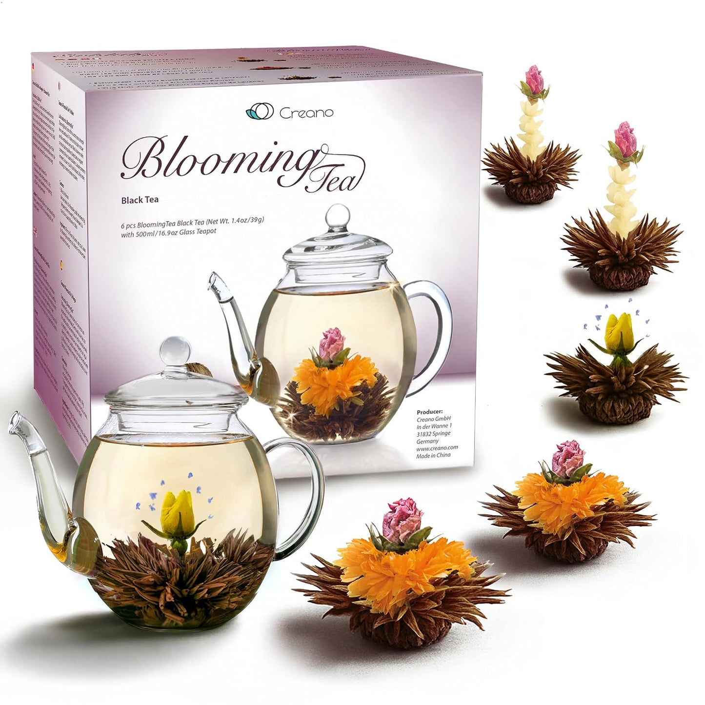 Creano Blooming Tea Gift Set with Glass Teapot 17oz (500ml) - Green Tea Fruity Flavoured Tea Flowers in 6 Varieties - Flowering Tea Gift for Easter