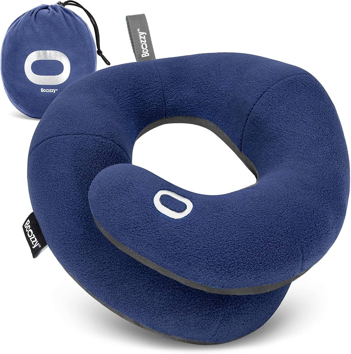 BCOZZY Travel Neck Pillow for Airplane– Patented Double Support for Head, Neck, and Chin. Best for Long Flights, Plane Sleeping, and Car Rides. Adjustable Size. Fully Washable. Carry Bag. Large, Black