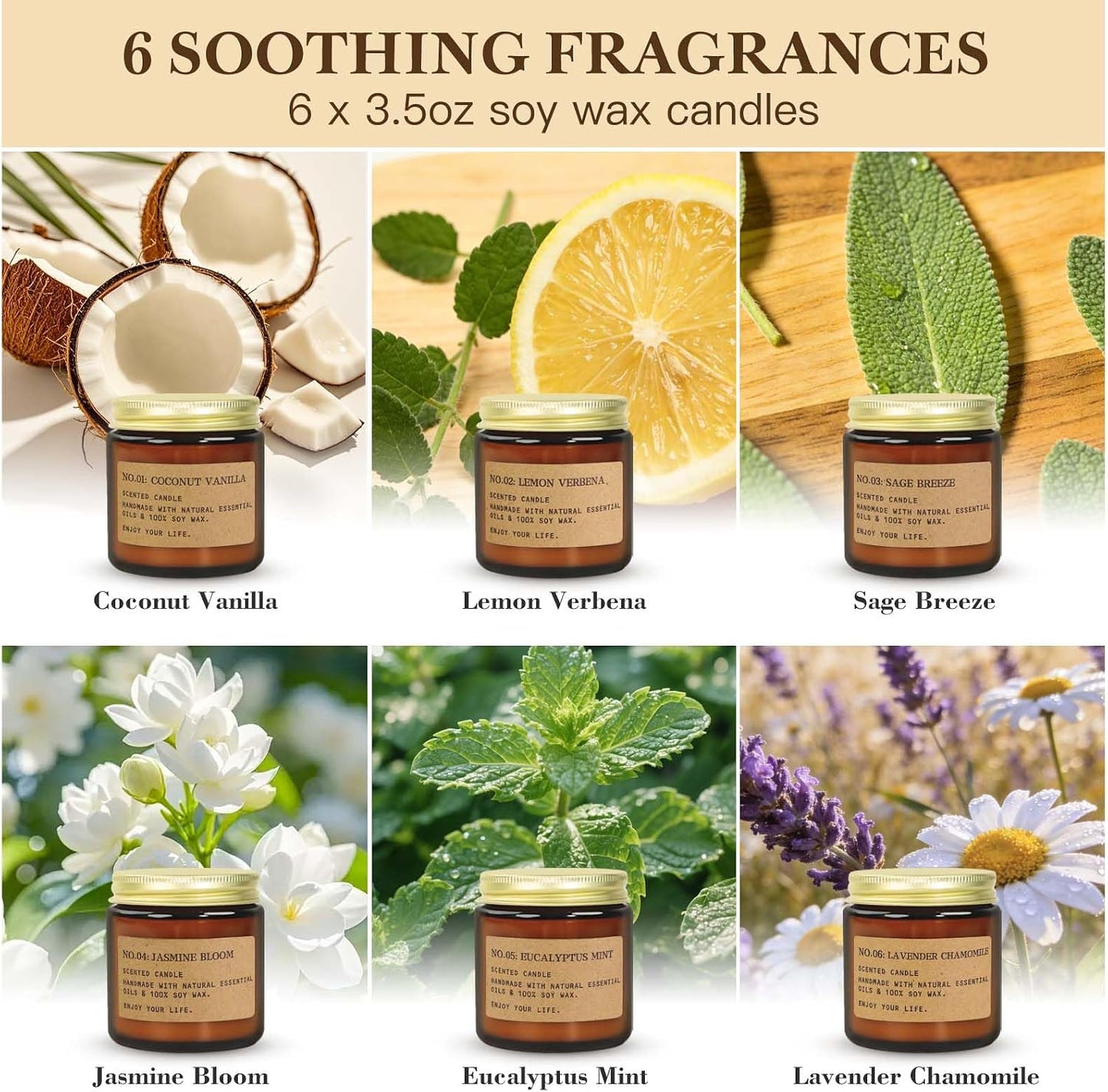 6-Pack Scented Candles for Home, 3.5 Oz Soy Wax Aromatherapy Candle Gift Set, Lavender Chamomile, Eucalyptus Mint & Vanilla, Birthday Gifts for Women, Thank You Graduation Gifts