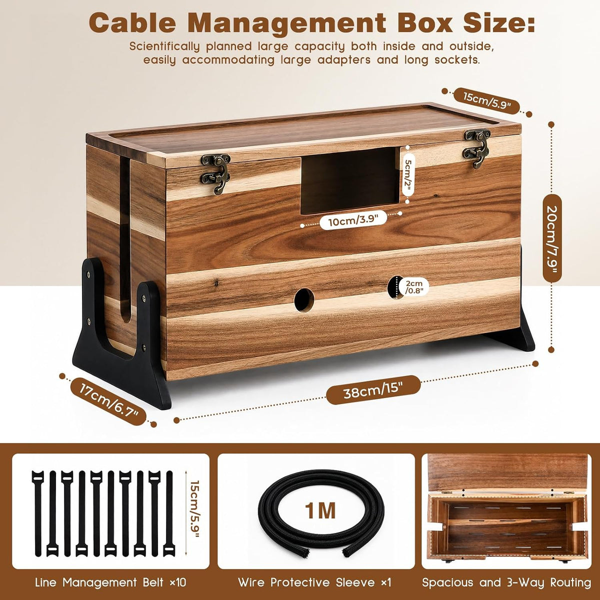 Extra Large Cable Management Box, 14.2-Inch Acacia Wood Cord Hider Box with Dual Locks and Magnetic Lid, Power Strip Cover and Cable Organizer for Desk, Floor, TV Wires and Home Office