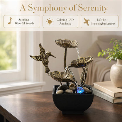 AOZITA Tabletop Fountain, Indoor Waterfall Fountain, Small Home Décor Zen Relaxation Soothing Sound Machine for Office, Living Room, or Bedroom,Blue Metal Lotus with Bud, River Rocks,Round LED