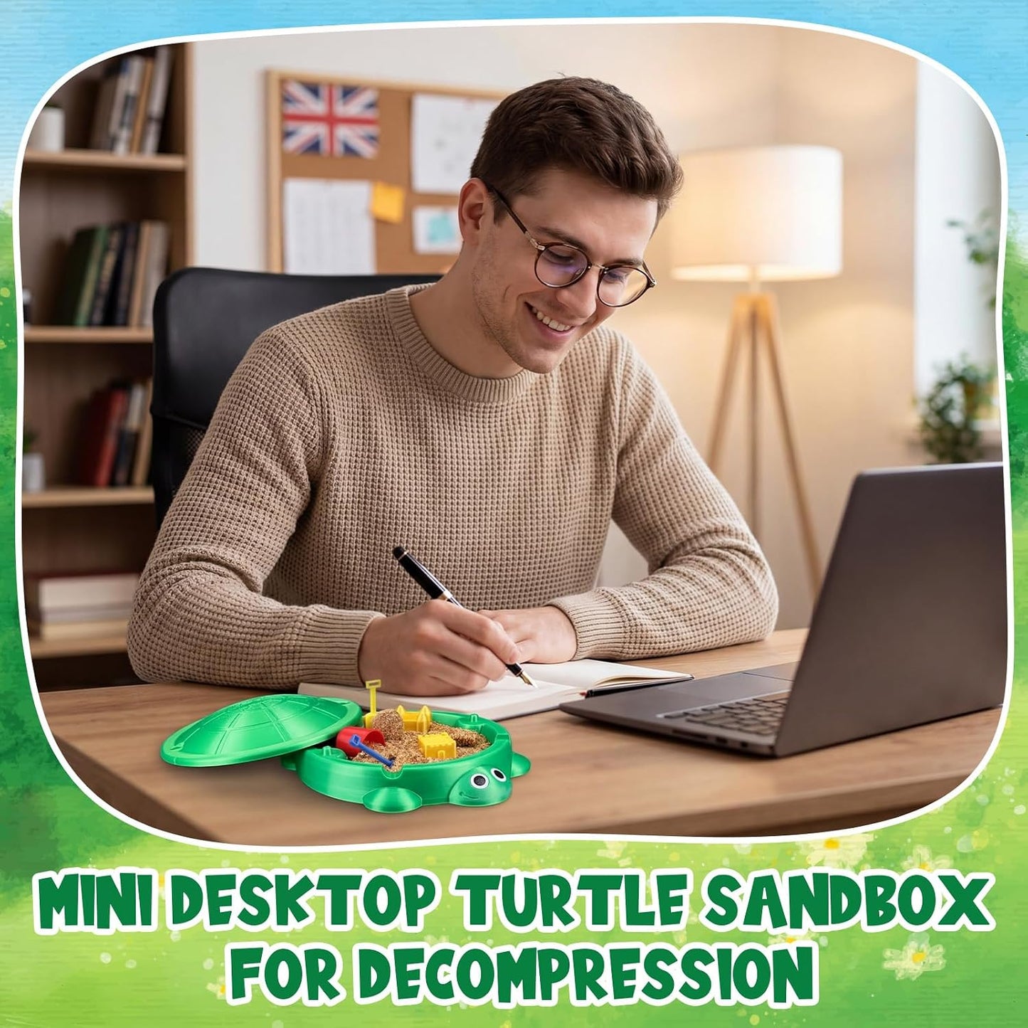 Mini Desktop Turtle Sandbox Zen Garden for Desk 6 x 6 in 3D Printed Fidget Stress Relief Toy with Lid and 5 Mini Beach Tools for Home Office Coworker