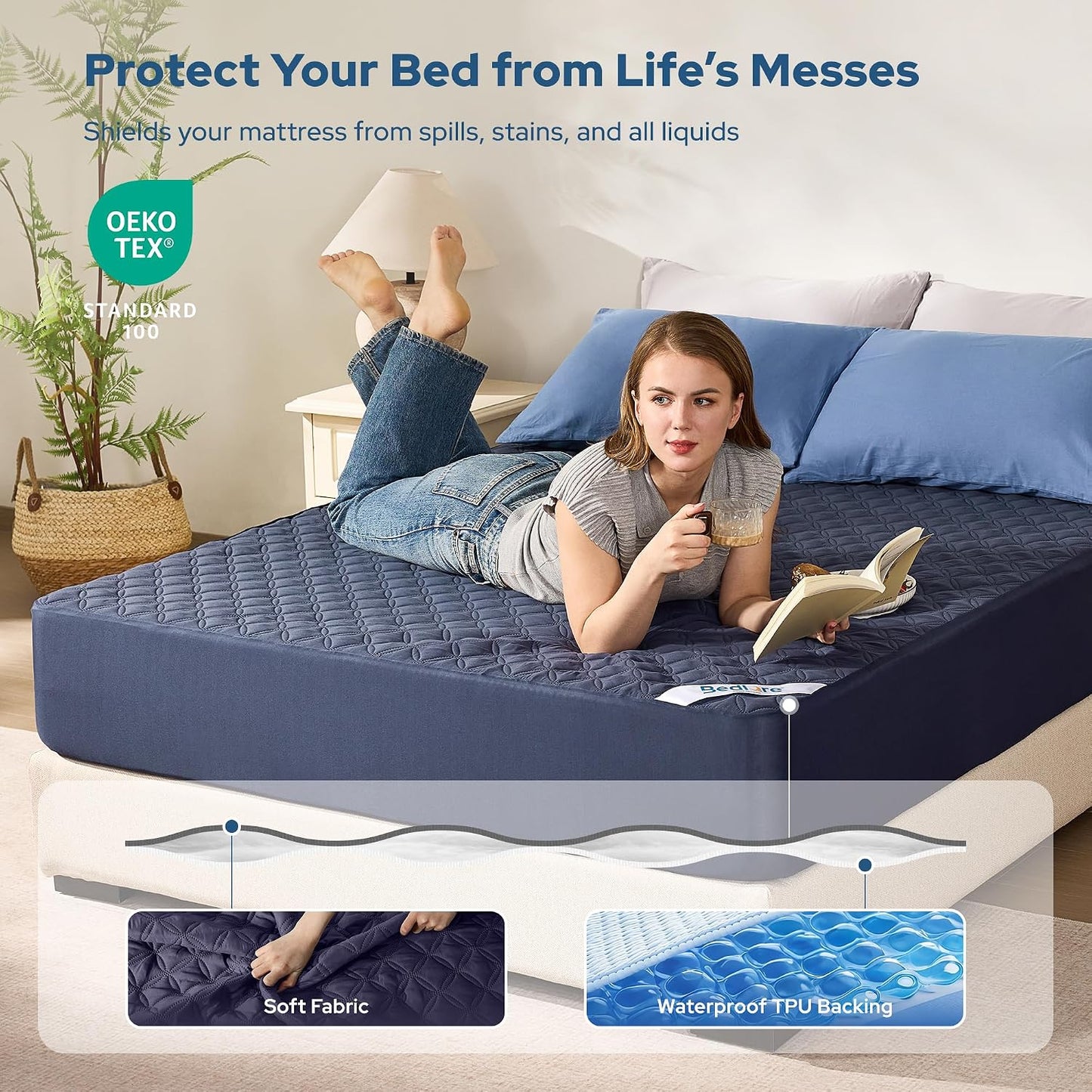 2 Pack Waterproof Mattress Protector, Queen Size Mattress Pad Noiseless with Deep Pocket Fitted for 6"-18", Soft Breathable Dirt-Proof Bed Mattress Cover Washable for Home, Bedroom, Hotel (Gray)
