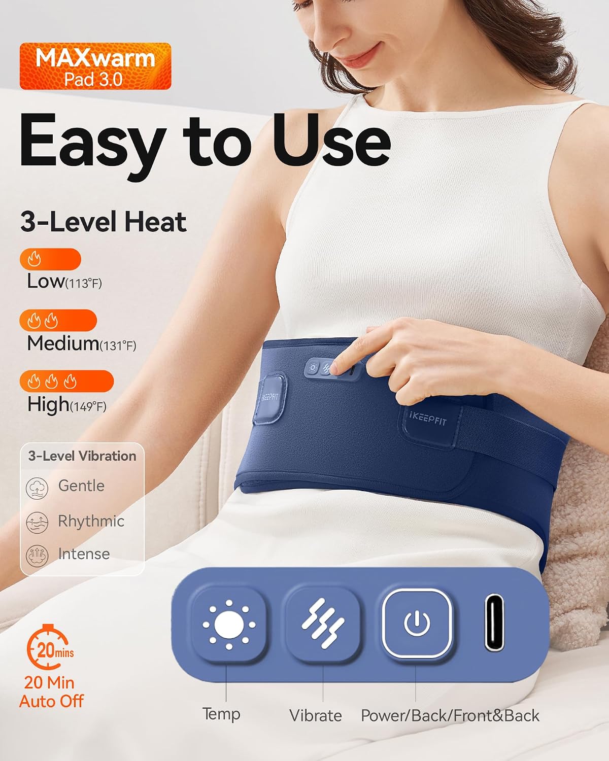 IKEEPFIT Portable Heating Pad for Back, FSA Eligible HSA, Cordless Heat Belt with Massager for Lower Back Pain Relief, Battery Powered 8000 mAh Rechargeable, MAXwarm 3.0, Gift for Women Men 90-310 lb