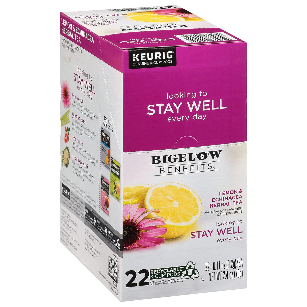 Bigelow Benefits Stay Well Lemon Echinacea Keurig K-Cups Pods Herbal Tea, Caffeine Free, 22 Count (Pack of 4), 88 Total K-Cup Pods