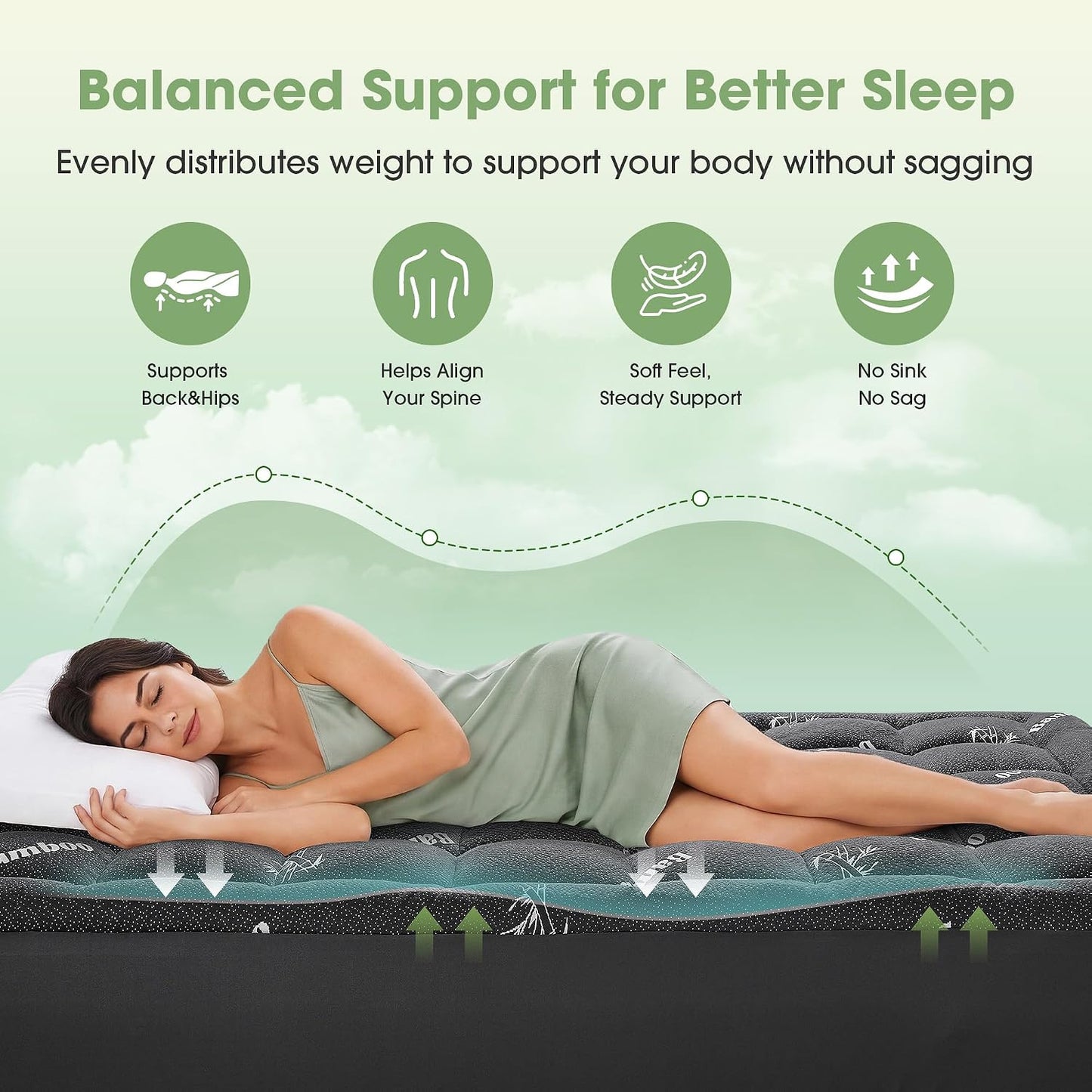 Mattress Pad Queen Size, Cooling Pillow Top Mattress Topper, Ultra Soft Viscose Made from Bamboo, Breathable for Hot Sleepers, Deep Pocket 8"-20", Green