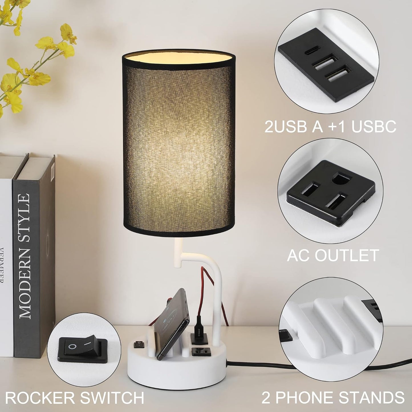 Dreamholder Table Lamp with 3 USB Charging Ports, Modern Desk Lamp with AC Outlet and Phone Stands, Perfect Bedside Lamp for Bedroom, Living Room, Office (Pack of 2), Cream