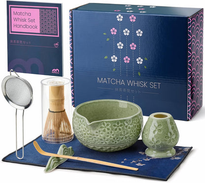 7Pcs Matcha Whisk Set, Matcha Set Whisk and Bowl,Bamboo Scoop, Scoop Rest, Sifter and Tea Towel, Matcha Kit W/Carved Cherry Blossm Pattern for Matcha Lovers (Sakura Pink)