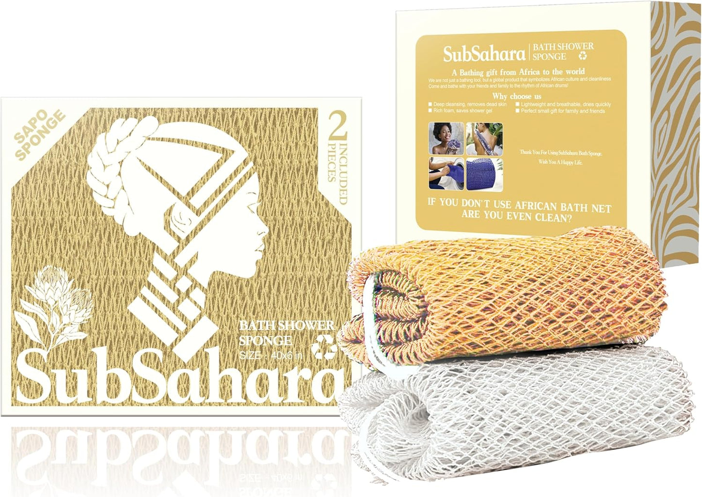 SubSahara Authentic African Net Sponge - 2 Pack Exfoliating Bath & Shower Loofah Sponge for Body & Face, Gentle Scrubber for All Skin Types, Travel, Durable Polyester (Olive Green & Light Green)
