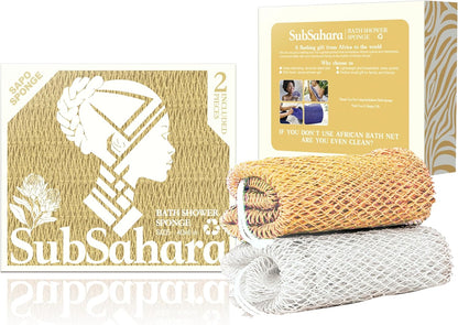 SubSahara Authentic African Net Sponge - 2 Pack Exfoliating Bath & Shower Loofah Sponge for Body & Face, Gentle Scrubber for All Skin Types, Travel, Durable Polyester (Olive Green & Light Green)