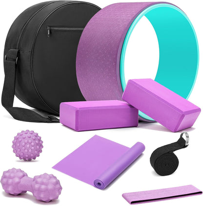 All in One Yoga Wheel Set, Soft Foam Roller Wheel for Back Pain & Stretching, Yoga Blocks 2 Pack with Strap, Trigger Point Therapy Massage Ball for Deep Tissue, Yoga Starter Kit for Beginner