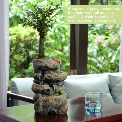 Kalona Tabletop Waterfall Fountain Rockery Fountains Soothing Sound Tabletop Fountains Home/Office Decor with a Small Plastic Pot to Grow The Plant by Yourself(Automatic Watering)(22020)