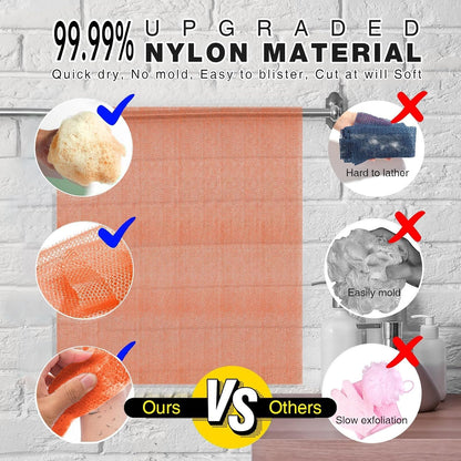 UJFQBH 3 Pieces African Bath Sponge African Net Long Net Bath Sponge Exfoliating Shower Body Scrubber Back Scrubber Skin Smoother,Great for Daily Use (Pink,Yellow,Purple)