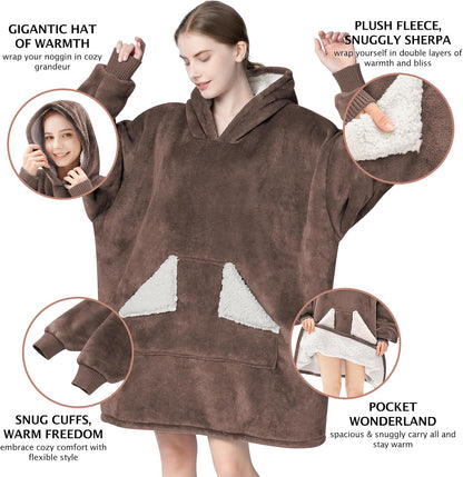 Touchat Wearable Blanket Hoodie, Oversized Sherpa Blanket Sweatshirt with Hood Pocket and Sleeves, Super Soft Warm Plush Hooded Blanket for Adult Women Men, One Size Fits All (Pink)