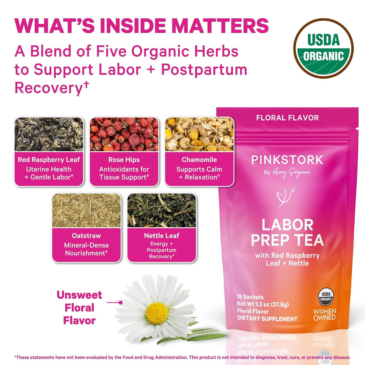 Pink Stork Organic Labor Prep Tea, Red Raspberry Leaf, Floral, 30 Cups