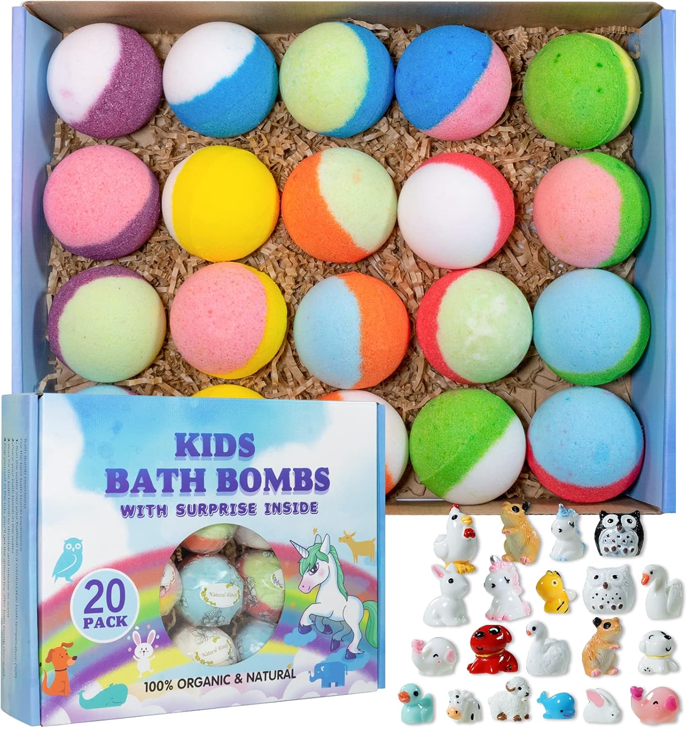 Bath Bombs for Kids 20Pcs Organic Fizzy Gift Set with Surprise Toys Inside
