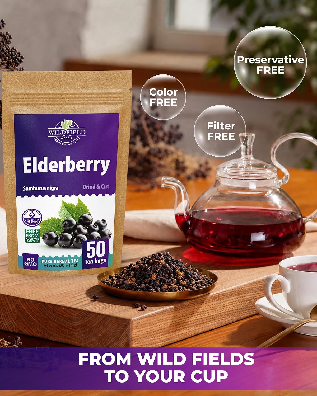 50 Bags Elderberry Fruit Herbal Tea (Sambucus) – 50 Tea Bags 1.5g Elderberry Berry Tea Saúco