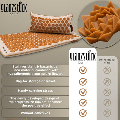 Glanzstück Berlin® Acupressure Mat Set Premium, Beginner Suitable, Made of Linen, Neck and Back Pain Relief, with Pillow (Heat Function) & Bag, Sustainable