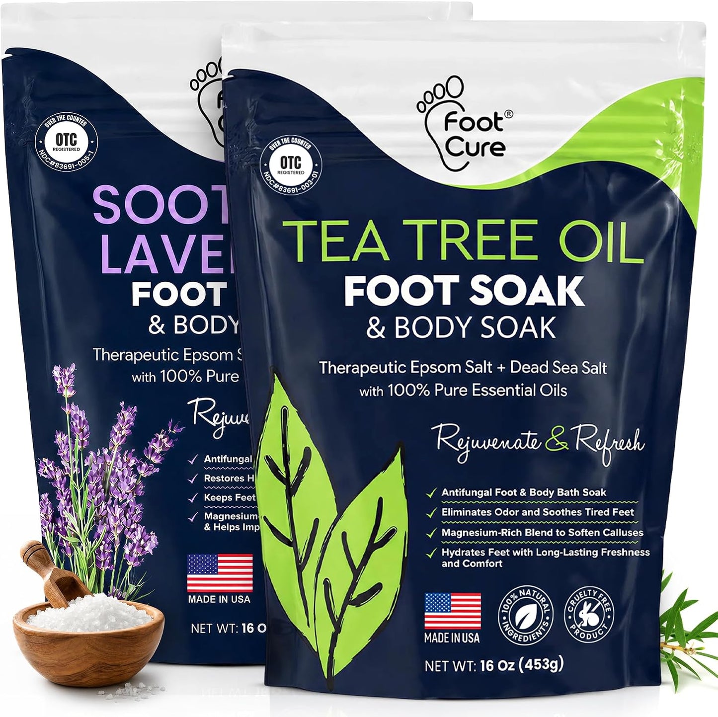 FOOT CURE Tea Tree Oil Foot Soak with Epsom Salt - Best Toenail Fungus Treatment, Athletes Foot & Softens Calluses - Soothes Sore & Tired Feet, Fungal Toe, Foot Odor Scent, Spa Pedicure (Pack of 2)