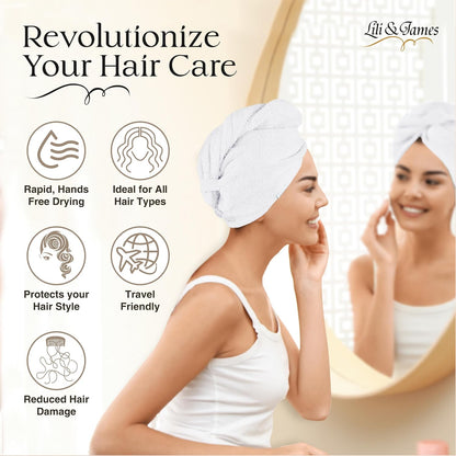Lili&James 100% Cotton Hair Towel Wrap for Women & Kids – 420 GSM Quick Dry Hair Turban with Double Button Loop, Anti Frizz Non Microfiber Hair Drying Towel for Curly, Long & Thick Hair (Lilac)