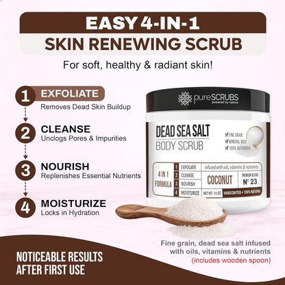 pureSCRUBS Premium Cucumber Body Scrub Set, Exfoliating Dead Sea Salt Scrub | Ultra Skin Smoothing, Deeply Moisturizing, Shower Scrub for Women, Softens Rough, Dry Skin, Includes Loofah, Spoon & Soap