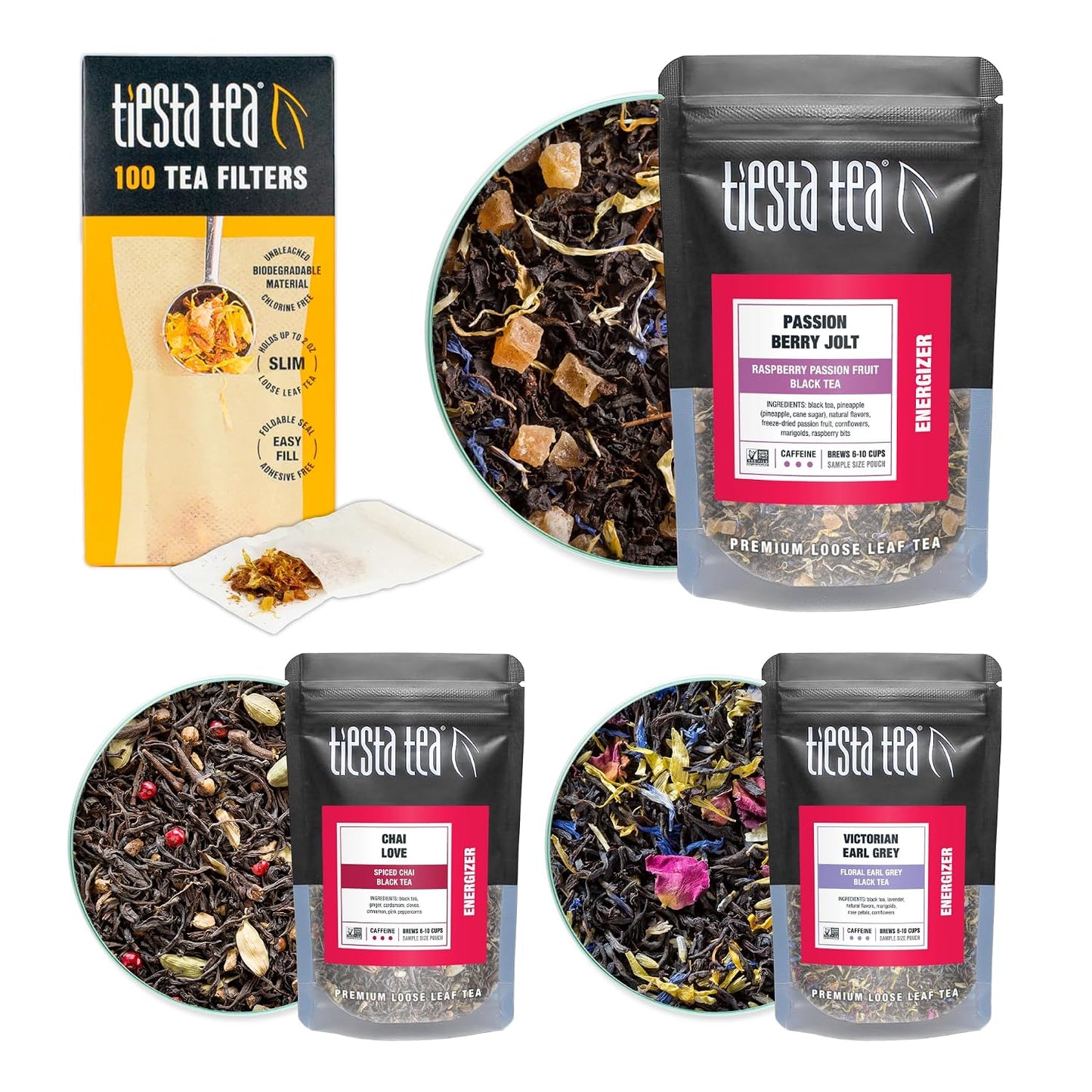 Tiesta Tea Ultimate Live Loose Leaf Kit, Tea Starter Kit with High to Non-Caffeinated Blends, Hot & Iced Brews, Includes Black, Green, Herbal Sample Bags and 16oz Brewmaster Dispensing Infuser