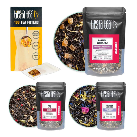 Tiesta Tea Ultimate Live Loose Leaf Kit, Tea Starter Kit with High to Non-Caffeinated Blends, Hot & Iced Brews, Includes Black, Green, Herbal Sample Bags and 16oz Brewmaster Dispensing Infuser