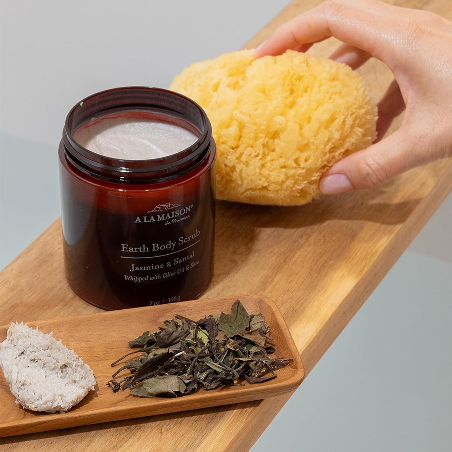 A LA MAISON Earth Body Scrub Amber Collection Natural Pumice Scrub with Shea Butter & Olive Oil – Gently Exfoliates & Softens Skin – French Formula – Plant-Based – 7 oz (Jasmine & Santal)