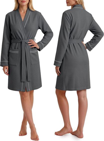 Cotton Blend Lightweight Waffle Robe for Women Knee-Length Soft Bathrobe