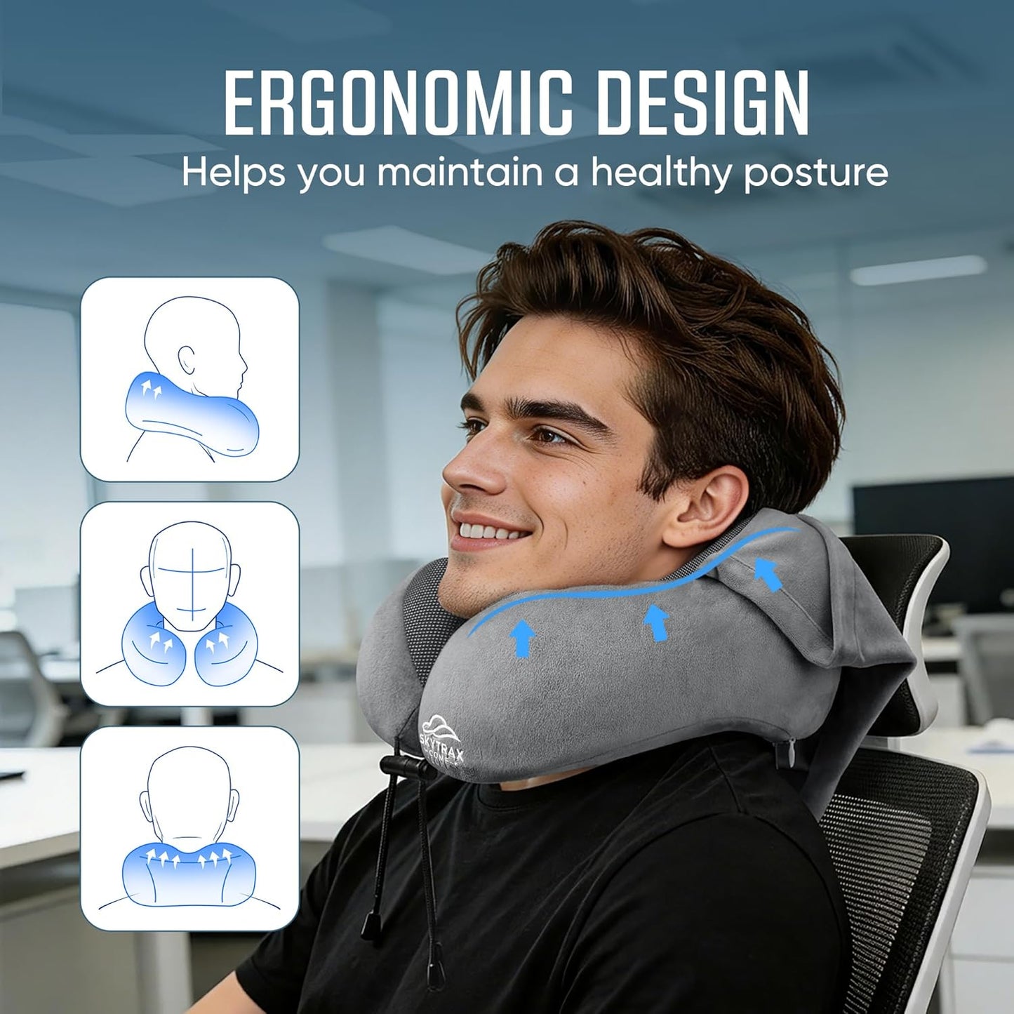 SkytraxComf® Travel Neck Pillow with Hood for Privacy on Long Flights | Memory Foam | Airplane Sleep | Safety-Tested Materials | Extra Large Hood | Chin Support | Earplugs | Washable Cover
