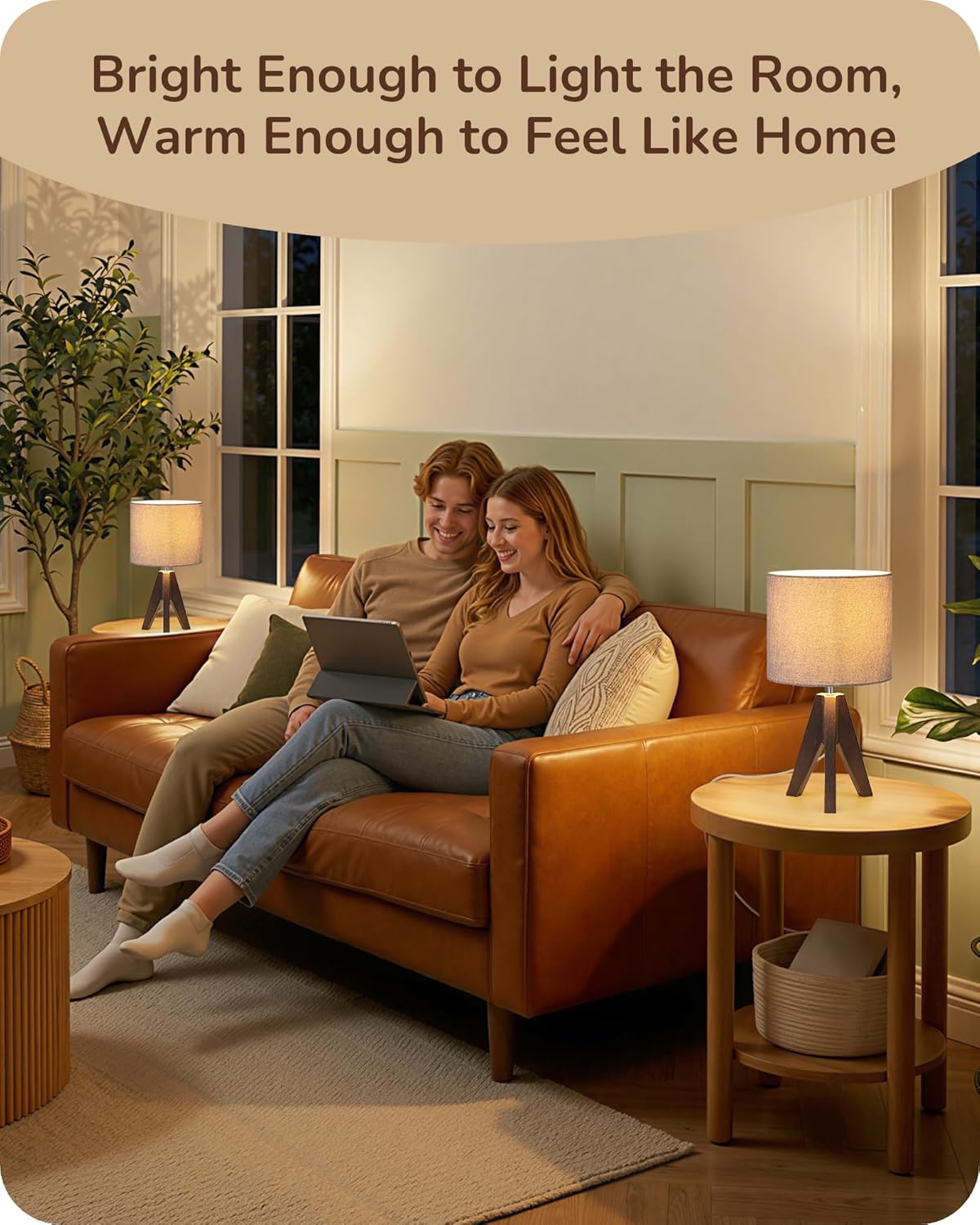 EDISHINE Tripod Table Lamp, Small Cute Bedside Lamp with Linen Beige Lampshade, Nightstand Lamp for Nursery, Bedroom, Kid Room, Living Room, Light Brown Wooden Base, E26 Socket, 14.2 Inch