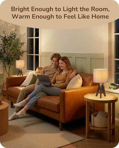 EDISHINE Tripod Table Lamp, Small Cute Bedside Lamp with Linen Beige Lampshade, Nightstand Lamp for Nursery, Bedroom, Kid Room, Living Room, Light Brown Wooden Base, E26 Socket, 14.2 Inch