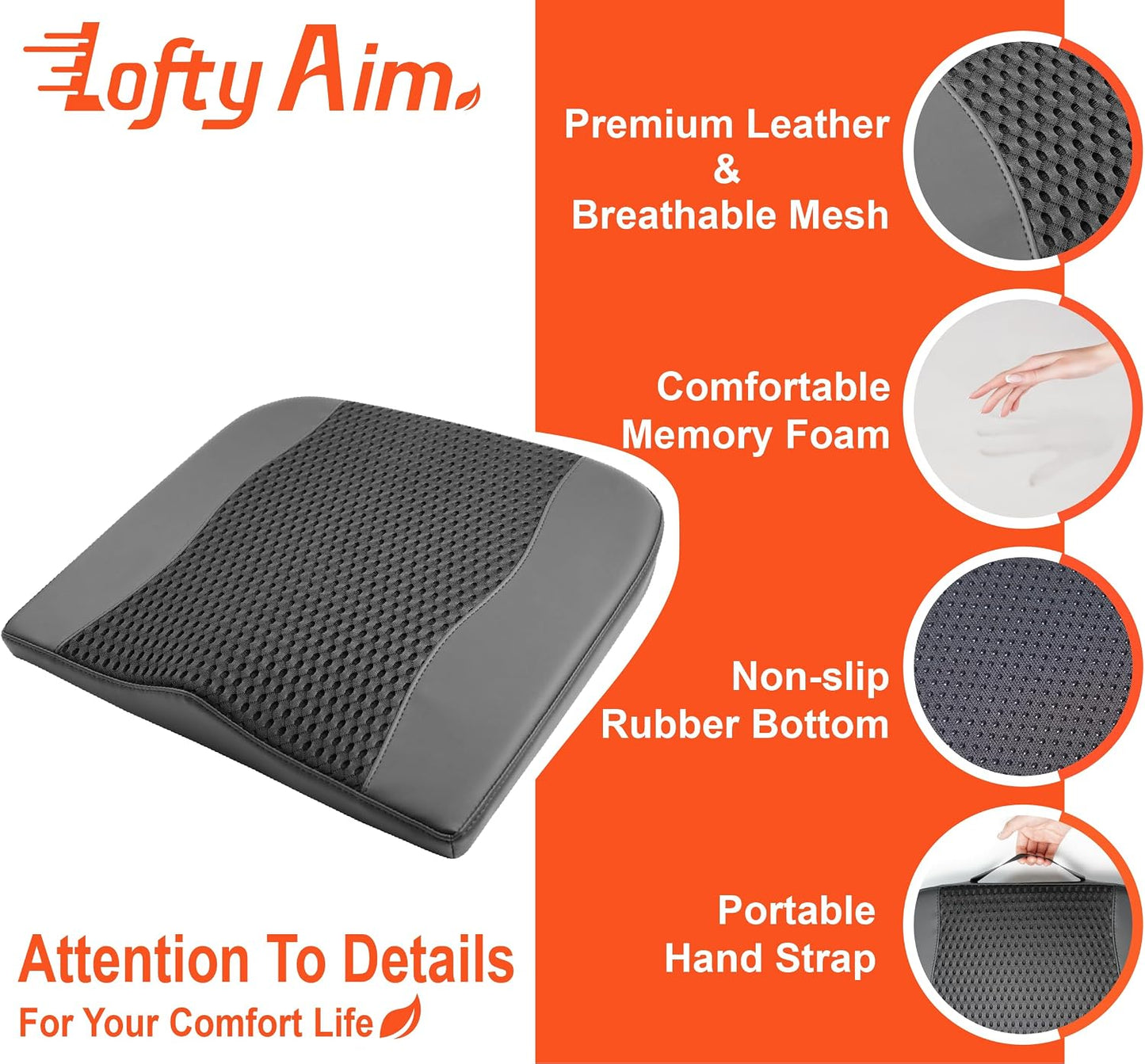 Lofty Aim Car Seat Cushion, Comfort Memory Foam Car Cushions for Driving - Sciatica & Lower Back Pain Relief, Driver Seat Pillow for Auto, Office Chair, Wheelchair - Black
