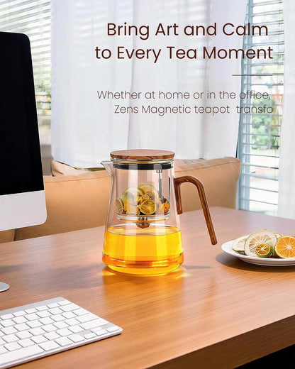 ZENS Magnetic Tea Pot, Enchanted Glass Teapot with Infuser and Magnetic Suction Lid for Mess-Free Loose Tea Diffusers, Walnut Wood Handle, Tea Lovers Gifts