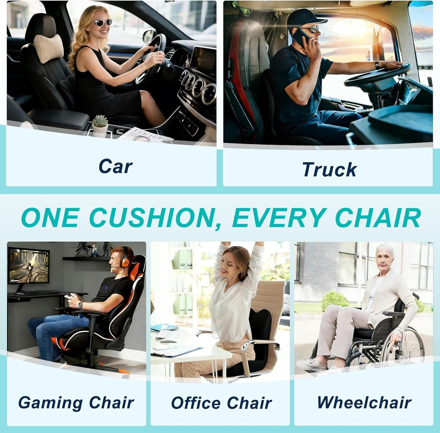 Seat Cushion for Office Chair and Car, Lumbar Support Pillow for Office Chair, Memory Foam Ergonomic Seat Cushion for Long Sitting, Back & Tailbone Pain, Sciatica - Dark Gray & Light Gray