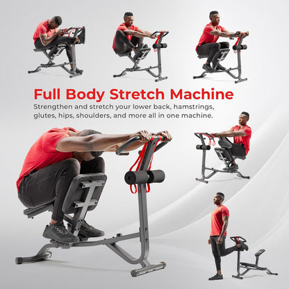 Sunny Health & Fitness Full Body Stretch Machine for Home Gym, Back Stretcher & Flexibility Trainer with Pivoting Seat, Foam Rollers, Safety Straps, Handlebar & SunnyFit App