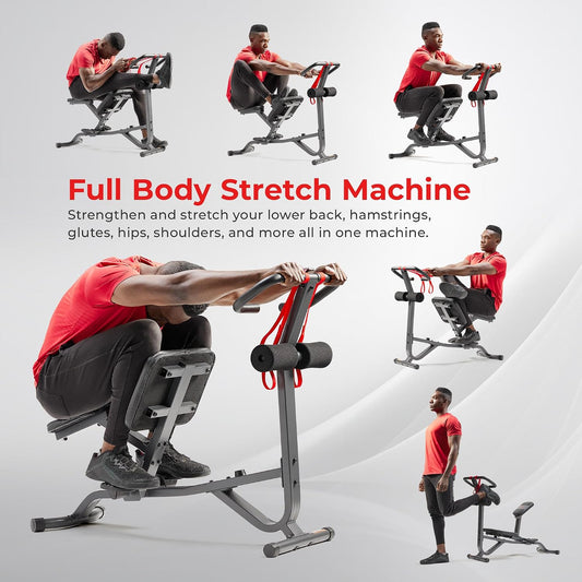 Sunny Health & Fitness Full Body Stretch Machine for Home Gym, Back Stretcher & Flexibility Trainer with Pivoting Seat, Foam Rollers, Safety Straps, Handlebar & SunnyFit App