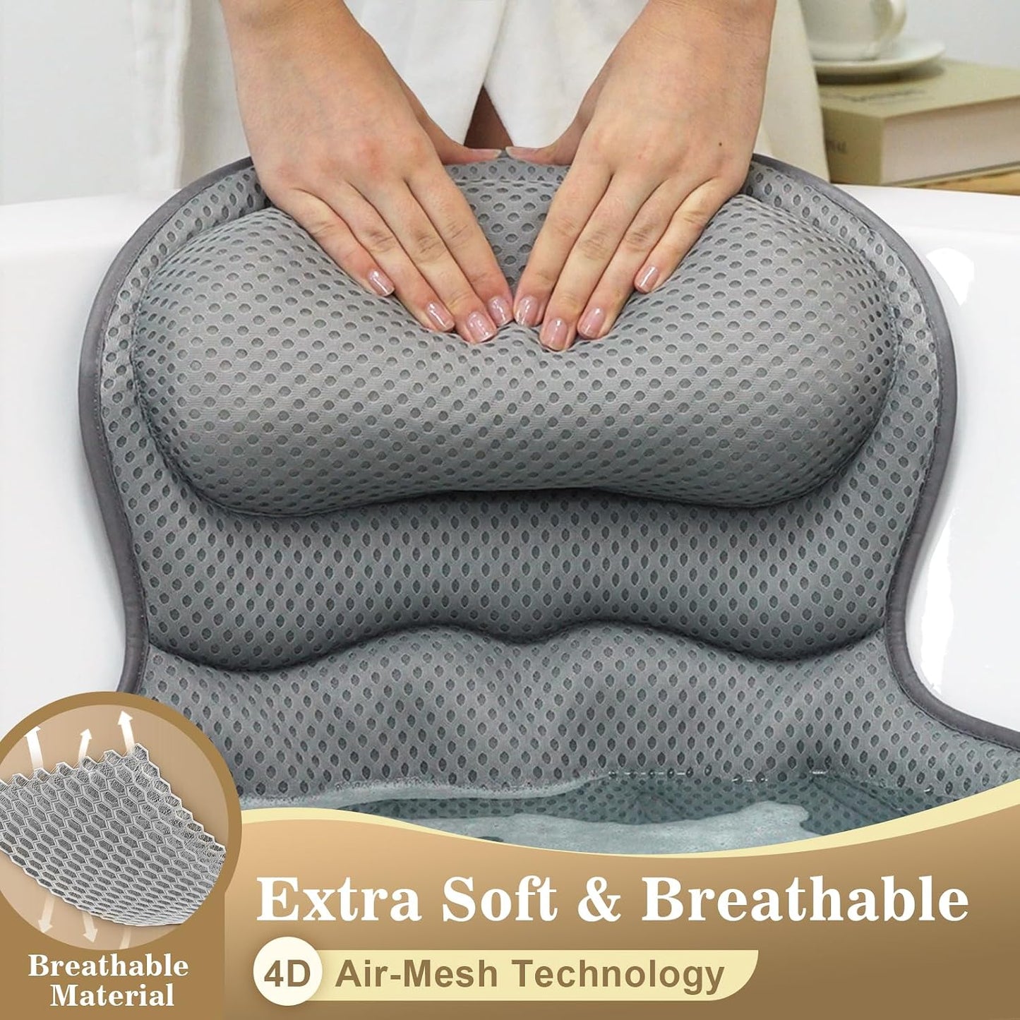 Bath Pillow Luxury Bathtub Pillow, Extra Soft & Comfortable Bath Pillows for Tub Head Neck and Back Support, with 4D Air Mesh Cushions & Non-Slip Suction Cups - Bath Accessories Spa Gifts for Women