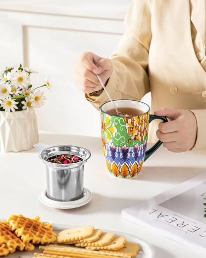 vancasso Ceramic Tea Mug with Infuser and Lid, 18 Ounce Bohemian Loose Leaf Cup, Microwave & Dishwasher Safe, Perfect for Tea, Coffee, Burnt-Cobalt Mandala