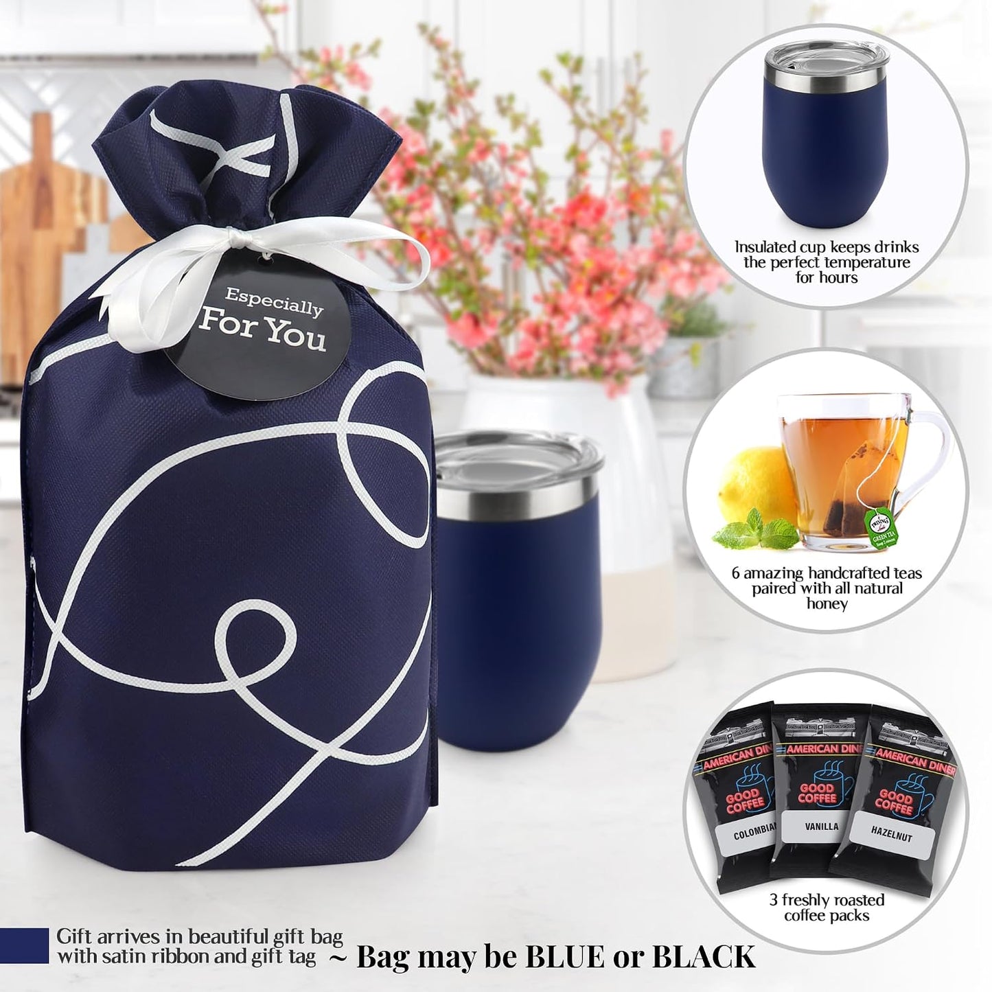 Tea Lovers Gifts Basket - Gift Set Include Temperature Retention Cup 12 Special Blend Teabags & Honey Presented in Beautiful Gift Bag For Women & Men - Birthday, Get Well, Thinking of You Care Package
