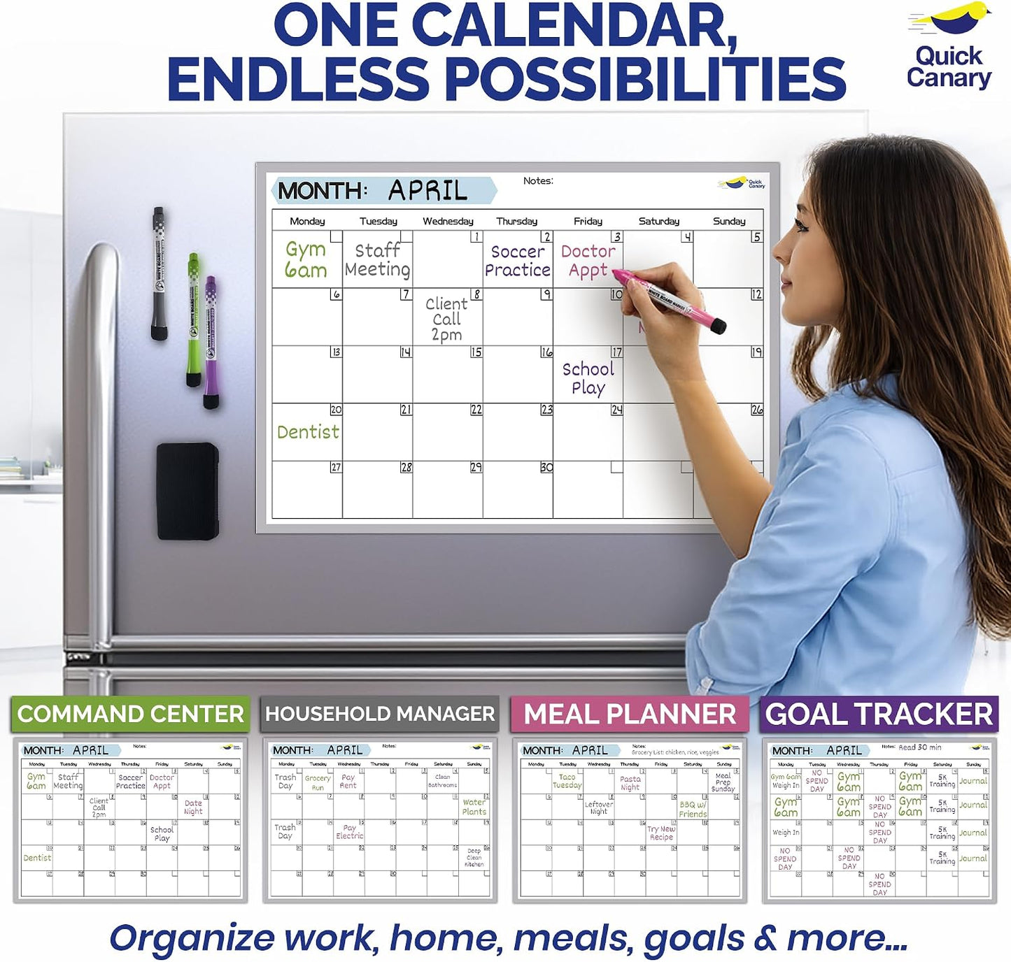 Monthly Magnetic Calendar for Refrigerator - 17x12” Stain-Resistant Dry Erase Fridge Calendar Whiteboard with Large Writing Space for Schedules, Chores & Meals - With 4 Markers & Eraser - Sunday Start