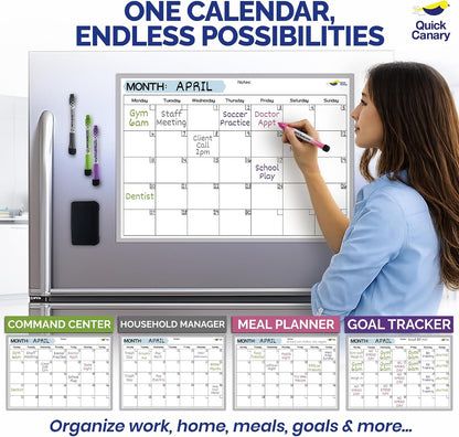 Monthly Magnetic Calendar for Refrigerator - 17x12” Stain-Resistant Dry Erase Fridge Calendar Whiteboard with Large Writing Space for Schedules, Chores & Meals - With 4 Markers & Eraser - Sunday Start