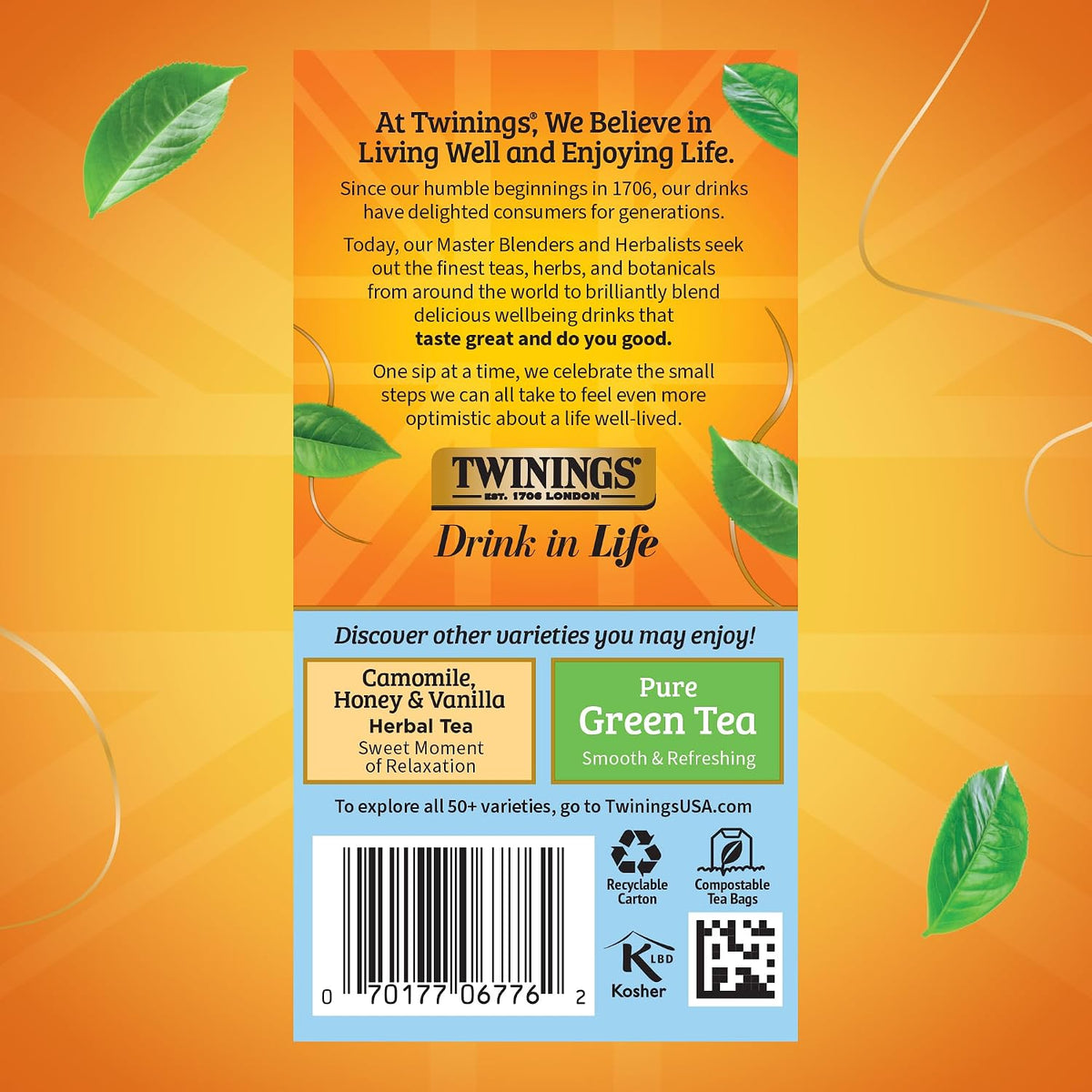 Twinings Pure Camomile Herbal Caffeine-Free Tea Bags, 20 CT Box (6 Pack)