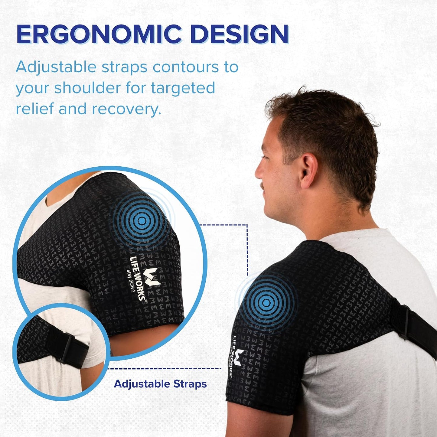 LIFE WORKS Shoulder Ice Gel Pack with Adjustable Strap, Reusable Cold Therapy Wrap for Shoulder Support, Rotator Cuff Relief, Swelling, and Injury Recovery, Fits Left or Right Side, One Size Fits Most