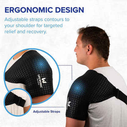 LIFE WORKS Shoulder Ice Gel Pack with Adjustable Strap, Reusable Cold Therapy Wrap for Shoulder Support, Rotator Cuff Relief, Swelling, and Injury Recovery, Fits Left or Right Side, One Size Fits Most