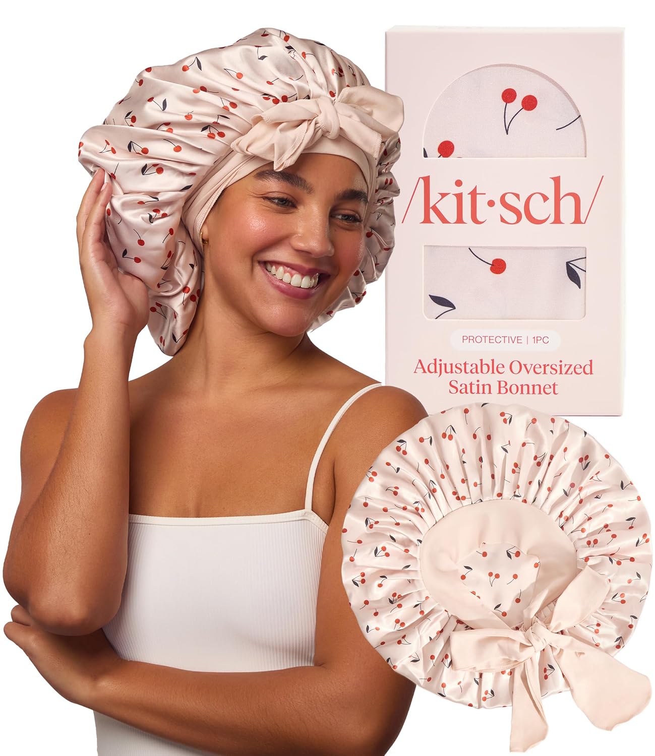 Kitsch XL Satin Bonnet for Sleeping - Softer Than Silk Bonnet For Sleeping Women - Secure Fit, Adjustable, Night Cap For Curly & Textured Hair - Prevents Breakage, Tangles & Thinning - Blush