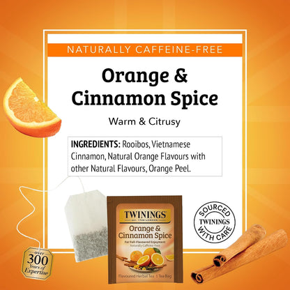 Twinings Orange & Cinnamon Spice Herbal Tea Individually Wrapped Bags, 20 Count (Pack of 6), Naturally Caffeine-Free, Enjoy Hot or Iced, 120 Teabags