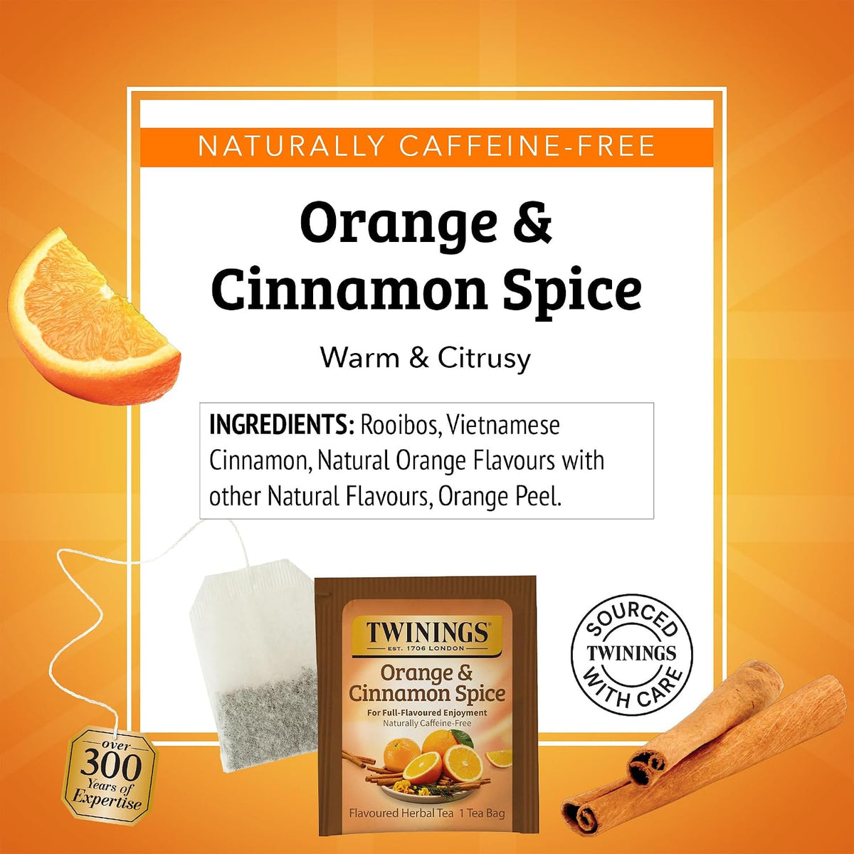 Twinings Orange & Cinnamon Spice Herbal Tea Individually Wrapped Bags, 20 Count (Pack of 1), Naturally Caffeine-Free, Enjoy Hot or Iced, 20 Teabags
