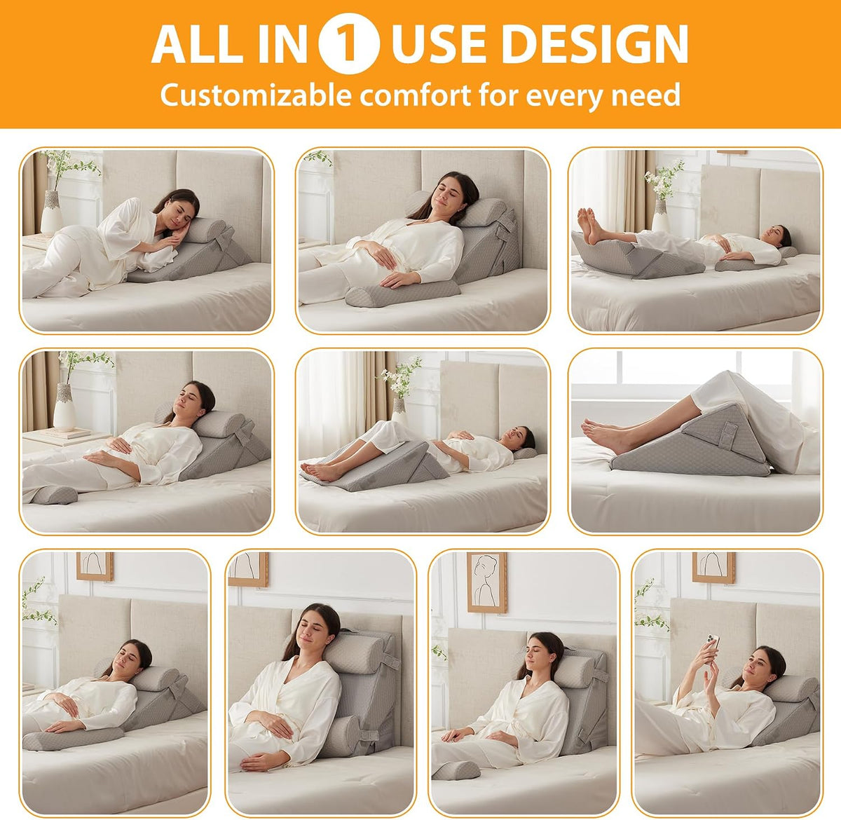 Ruqmuis Wedge Pillow Set for After Surgery, 3PCS Adjustable 9&12 Inch Bed Wedge Pillow for Sleeping, Incline Pillow Wedge for Headboard, Post Surgery, Acid Reflux, Neck&Back Support, White/Grey