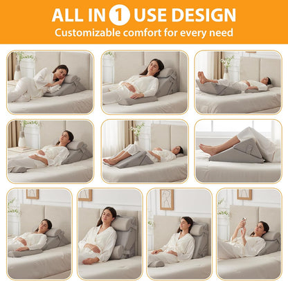Ruqmuis Wedge Pillow Set for After Surgery, 3PCS Adjustable 9&12 Inch Bed Wedge Pillow for Sleeping, Incline Pillow Wedge for Headboard, Post Surgery, Acid Reflux, Neck&Back Support, White/Grey